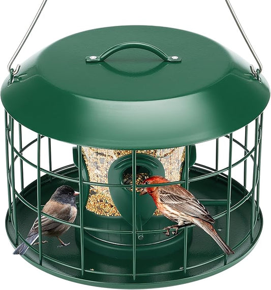 Kingsyard Mesh Caged Bird Feeders for Outdoor Hanging, Tube Squirrel Proof Bird Feeders with Seed Tray for Small Birds Finches Bluebird, Rain Proof Covered, 4 Feeding Ports, Green