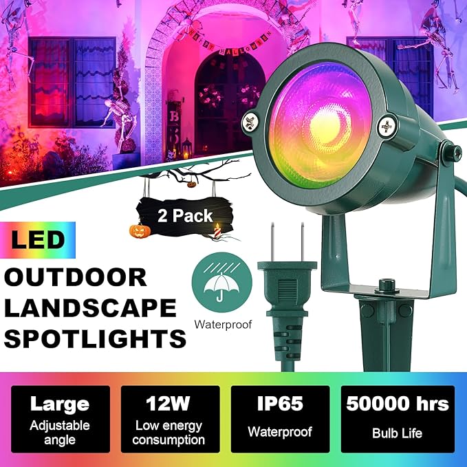 Enhon 2 Pack Halloween RGBW Spotlight Outdoor, Waterproof Landscape Lighting 120V LED Spot Lights with Remote Control Color Changing, Outdoor Stake Lights for Holiday Garden Yard (Patent Pending)