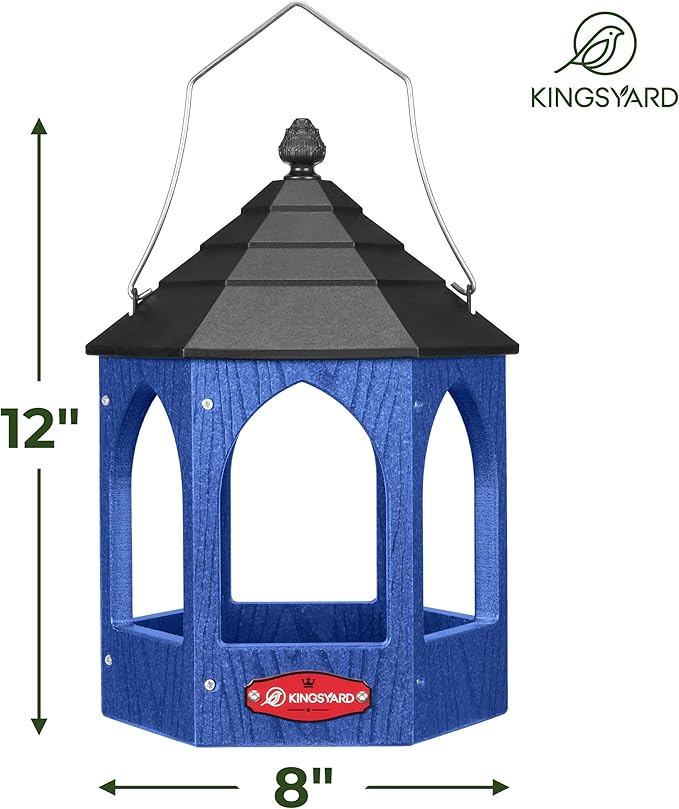 Kingsyard Platform Bird Feeder for Outdoor Hanging - Gazebo Style Recycled Plastic Wild Bird Feeding Station with Rain-Proof Roof & Metal Mesh Tray. Blue