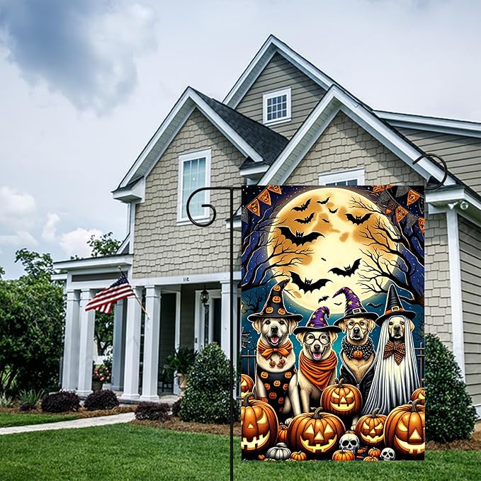Halloween Garden Flag 12x18 Inch Dog Costume Party Flag Double Sided Spooky Pumpkin Yard Banner Outdoor Decoration for Porch Lawn Patio Seasonal Decor