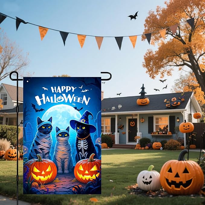 IVN Happy Halloween Garden Flag 12x18 Inch Double Sided Black Cat Skeleton Mummy Pumpkin Witch Hat Moon Outdoor Yard Flag for Outside Front Door Lawn Porch Patio Welcome Decor