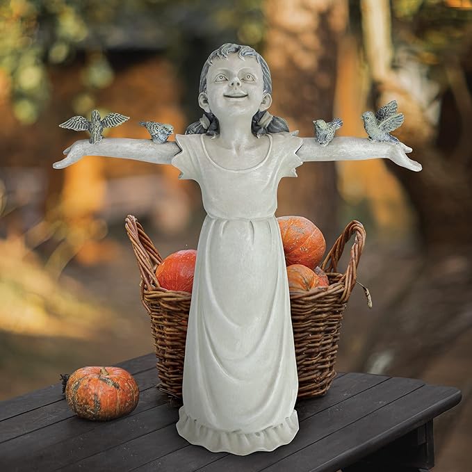 Design Toscano Basking in Glory Little Girl with Birds Outdoor Garden Statue, Medium, 16 inches tall, Cast Stone Resin, Two Tone Stone Finish