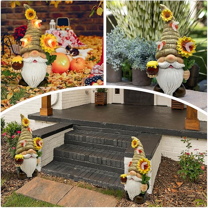 Uniboho Garden Gnome Statue Outdoor Garden Decor Large Resin Sunflower Gnome Holding Honey Jar with Solar Bee Lights for Garden Yard Decorations Patio Lawn Outside Porch Lawn Decor Gnomes Gifts 12"