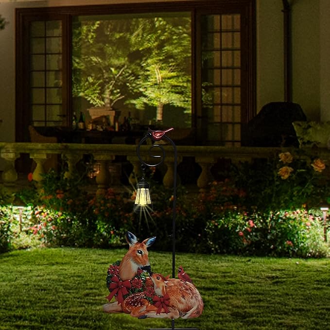 Solar Lights Reindeer Ground Stake Decor Metal Reindeer and Fawn Outdoor Sculptures Suitable for Outdoor Garden Courtyard and Lawn Christmas Decorations and Thanksgiving Gifts