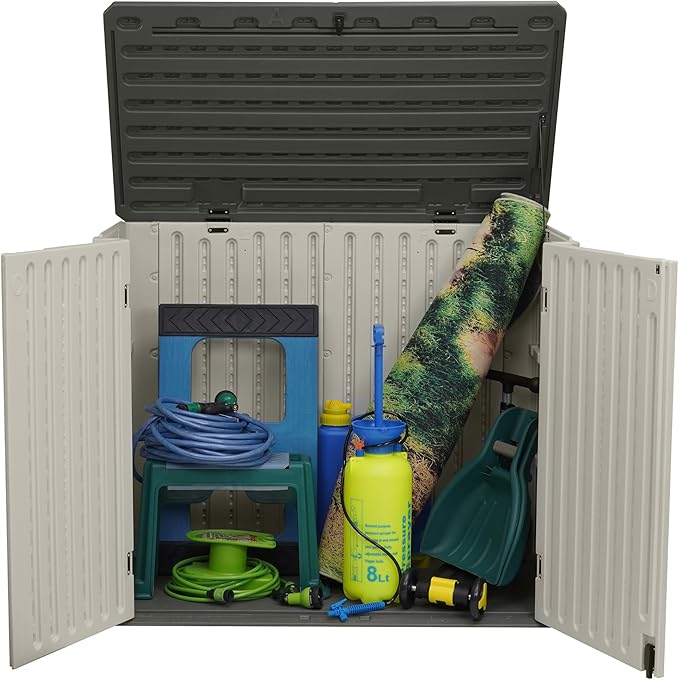 Horizontal Resin Storage Shed, 47 Cuft Garden Tool Sheds & Outdoor Storage, Outdoor Plastic Storage Cabinet Waterproof, 4.5 x 2.8 ft Backyard Outside Lawn Mower Storage Shed, Vanilla
