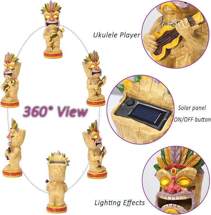 Solar Tiki Garden Statue with LED Eyes Outdoor Resin Ukulele Player Yard Decor Solar Light Hawaiian Style Lawn Ornament for Patio Porch Lawn Tiki Bar or Tiki Lover Funny Gifts