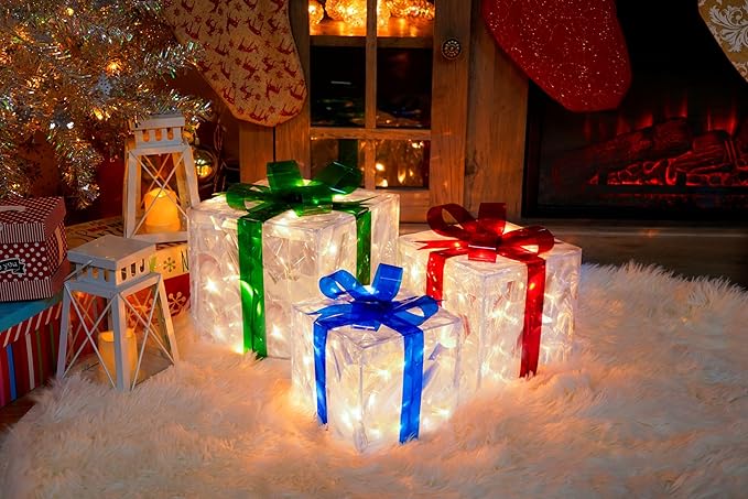Set of 3 Christmas Lighted Gift Boxes, 60 LED Light Up Present Boxes for Christmas Decorations Indoor Outdoor Yard Xmas Tree Holiday Party Lawn Porch Home Decor (PVC)