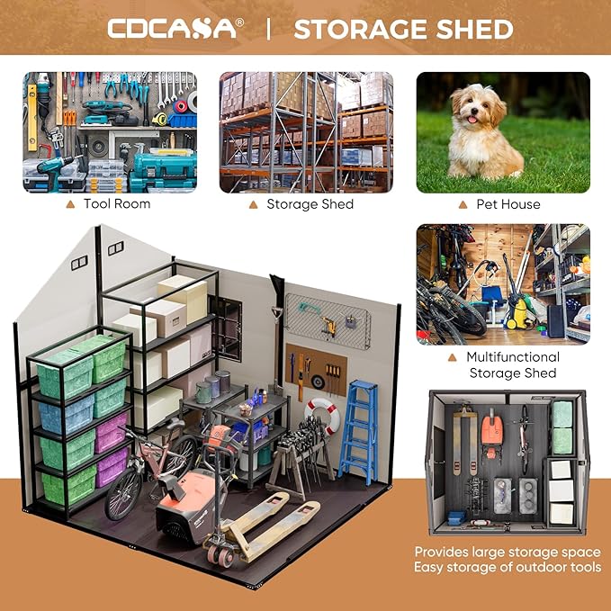 CDCASA 8x8 FT Resin Storage Shed, Waterproof Outside Plastic Storage Sheds with Floor, Adjustable Openable Windows, Lockable Door for Garden Patio Lawn, Brown & Beige