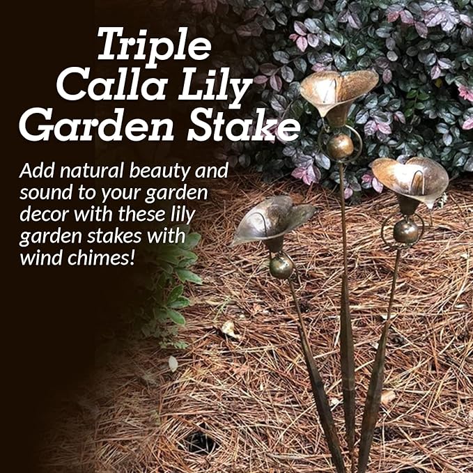 Happy Gardens Calla Lily Garden Stake with Bells | Bronze Outdoor Lillies Flower Decorations
