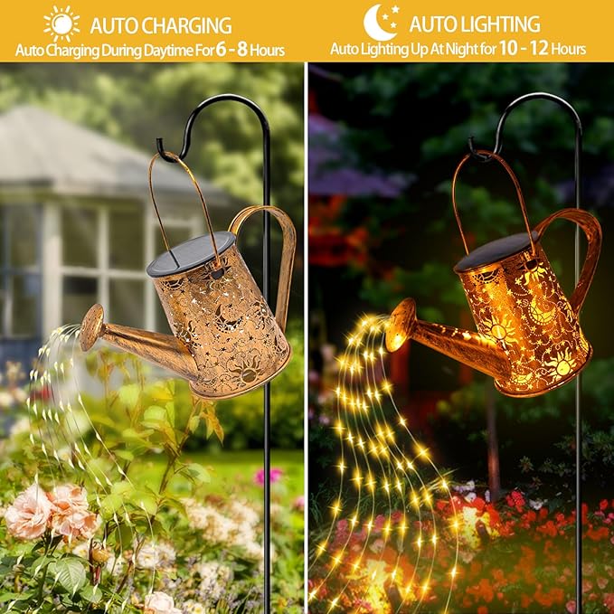 Solar Garden Lights Outdoor, Solar Watering Can Lights Garden Decor Gifts for Grandma Mom, Sun Moon Waterproof Hanging Lantern with String Lights, Yard Decoration for Patio Porch Lawn Backyard Pathway