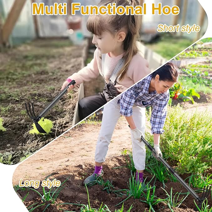 Garden Hoe and Cultivator, Heavy Duty Hand Hoe with Tiller with 31” Long Handle, Cultivator Hoe Garden Tools Durable Cultivator Hoe Rake Fork for Gardening Weeding Planting Loosening Soil