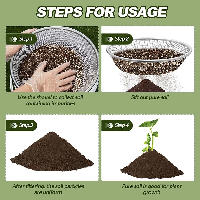 Yaomiao 3 Pack Stainless Steel Sand Sifter Garden Soil Sifter for Rocks Compost Sieve Garden Potting Lawn Soil Sieve for 5 Gallon Bucket, 0.08/0.12/0.2 Inch Mesh Screen