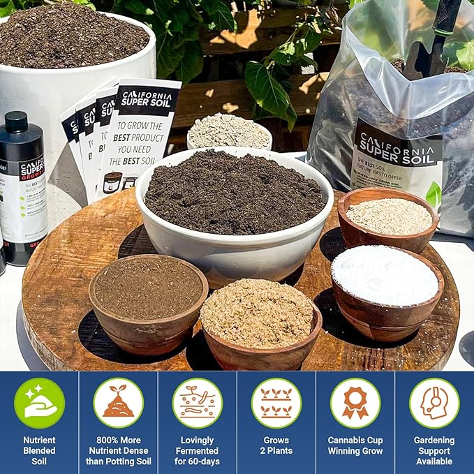 California Hot Soil Premium 100% Organic Super Soil Kit, 18+ Nutrient Blend - No Need for Nutrients or Plant Food Ever - Includes (4) 6 Lbs Bag of CaliHotSoil, (8) 5-Gallon Pots, (10) Rapid Rooters