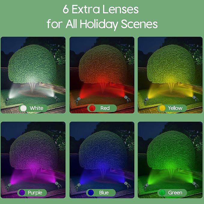 Outdoor Spot Lights for Yard Plug in Spotlights with 5 Extra Lenses (Red, Yellow, Green, Blue, Purple) 6000K White,Suitable for Holiday Daily Yard,Halloween,Garden, Lawn Tree Decoration,2 Pack