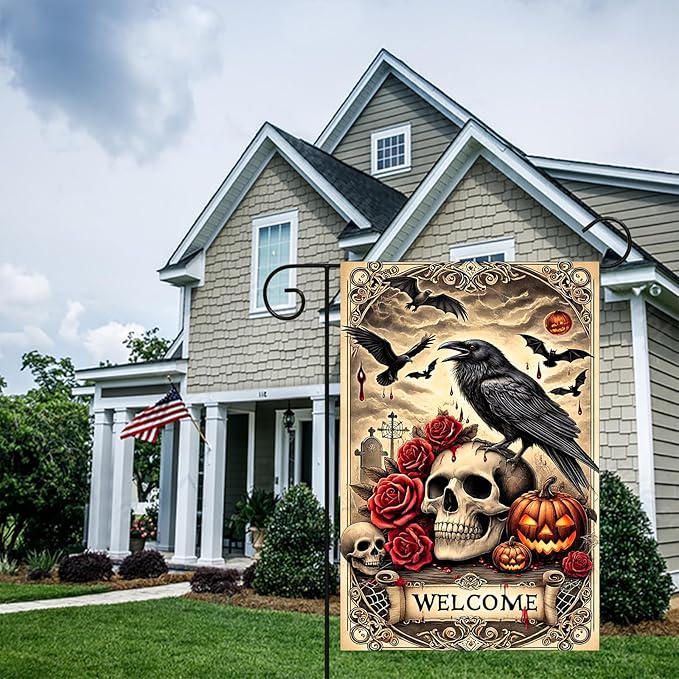 Halloween Garden Flag 12x18 Inch Gothic Skull Raven Flag Double Sided Spooky Yard Banner Pumpkin Bat Scene Outdoor Fall Decoration for Porch Lawn Patio Seasonal Welcome