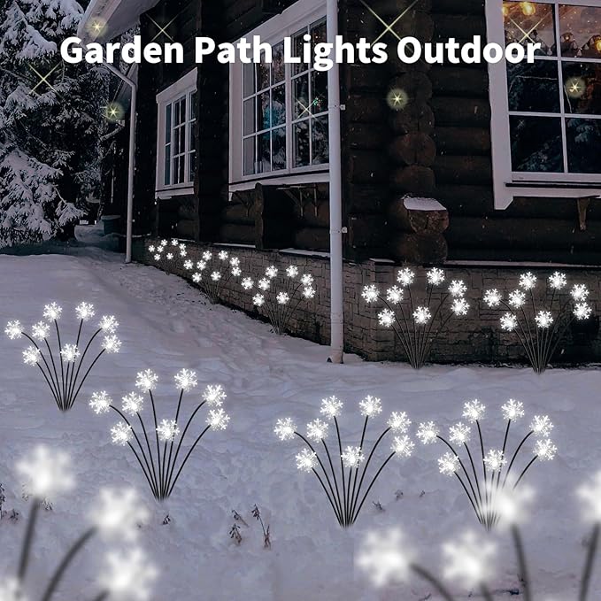Set of 4 Snowflake Solar Christmas Decorations, 8 Modes Swaying Garden Lights, Outdoor Pathway Solar Christmas Stake Lights, Upgraded Base on Firefly Light for Lawn Decor (White)