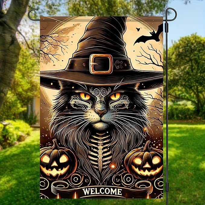 Halloween Garden Flag - Cat Witch Hat, 12x18 Inch Double-Sided Vertical Fall Holiday Outdoor Decorative Flag for Porch, Lawn, Garden