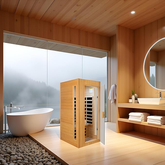 1-Person Infrared Sauna,1300W Indoor Sauna for Home, Side Glass Window, Canadian Hemlock Wood Personal Sauna with 5 Heating Panels, LED Reading Lamp, Blue-Tooth