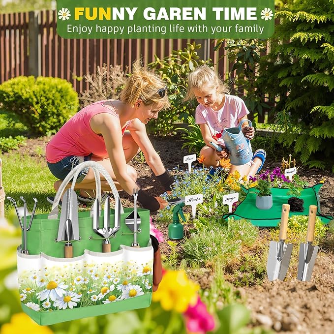 22PCS Ergonomic Garden Tools Set for Women,Heavy Duty Hand Tool Kit Included Handy Tote Bag/Trowel/Pruning Shears/Rake/Pruner/Gloves/Plant Tags,Garden Supplies Gardening Gifts for Gardeners Beginners