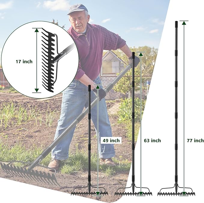 49'' Bow Rake ,17 Tines Metal Head Rake with Stainless Steel Handle,Heavy Duty Garden Rake for Loosening Soil Gathering Leaf Leveling Lawn Farming Land Management Yarn Thatch Rake