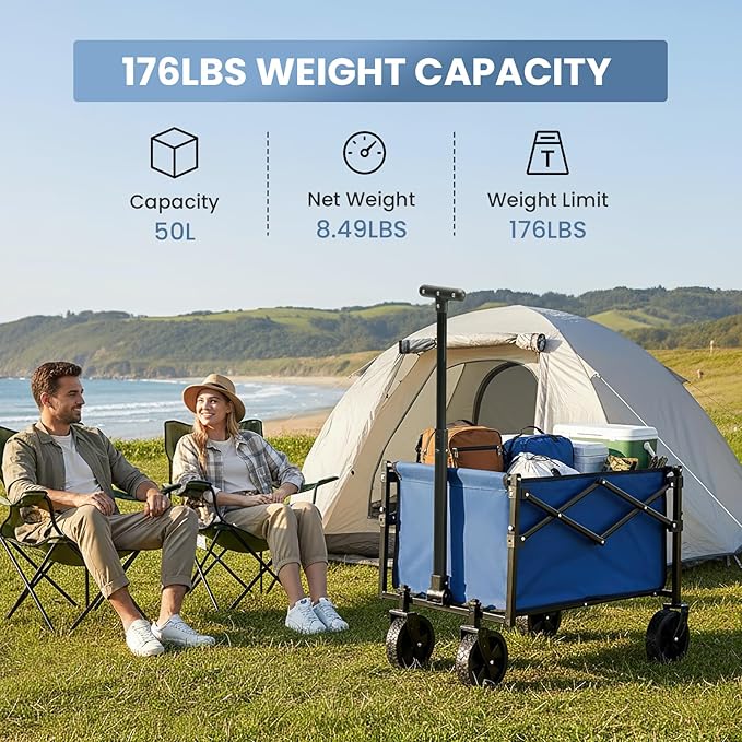 DUMOS Collapsible Wagon with Wheels, 176 lbs Wagons Carts Foldable Wagon Cart with Flexible Handle, Lightweight Portable Folding Utility Grocery Shopping Cart for Grocery Sports Garden Camping