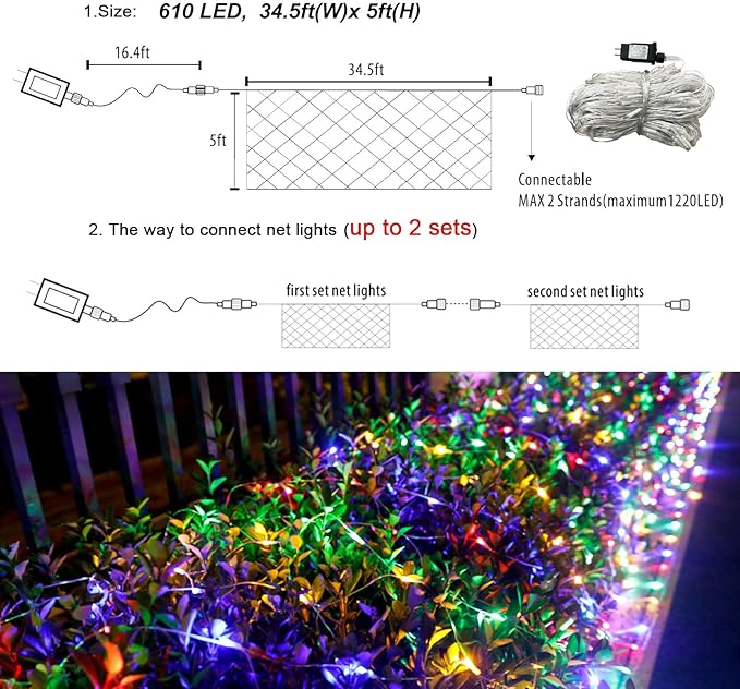 Lovelite 610 LED Christmas Net Lights, 34.5ft x 5ft Mesh Lights Outdoor Clear Wire 8 Modes, Waterproof Connectable String Lights Plug in for Bushes Xmas Tree Garden Holiday Party Decor - Multicolor