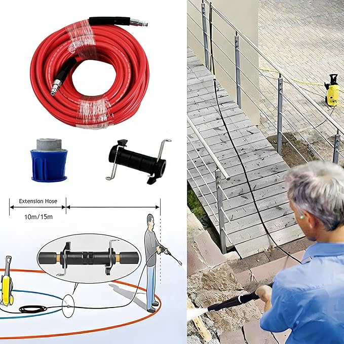 5800PSI/400Bar Ultra Flexible Pressure Washer Hose for Bosch Home Cleaning, 5M-30M High Pressure Extension Tube with Quick-Connect Adapter,(Red/Blue/Yellow/Green/Grey/Orange/Light Blue)(Red,16FT)