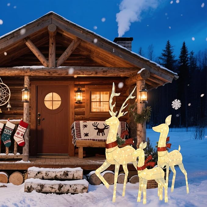 Outdoor Lighted Deer Family Decor 3-Piece Set, 5ft Large Reindeer Christmas Holiday Lights with 210 Warm White LEDs, 3D Design, Cotton Twine & Iron, Perfect for Lawn, Yard, Garden, Party
