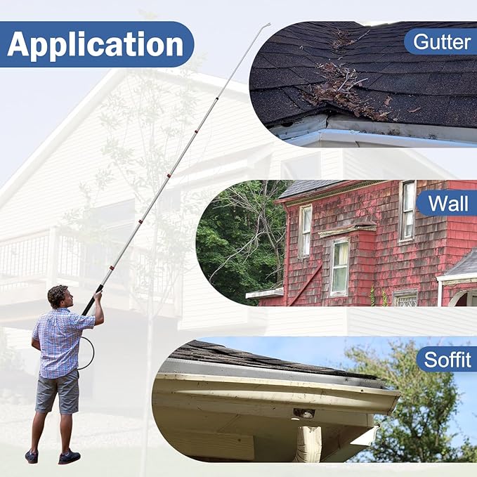 24FT Telescoping Pressure Washer Wand Kit - 2 Extension Poles, Gutter Cleaner, Brush, Pivoting Coupler & 7 Nozzles for Roof, Deck, Vehicle, Sidings