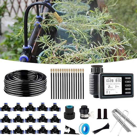 Drip Irrigation Kit,Automatic Garden Watering System with Timer, New Quick Connectors and 360-degree Bending Dropper Atomizing Copper Nozzles for Watering System for Garden Plant Lawn Patio. (Timer)