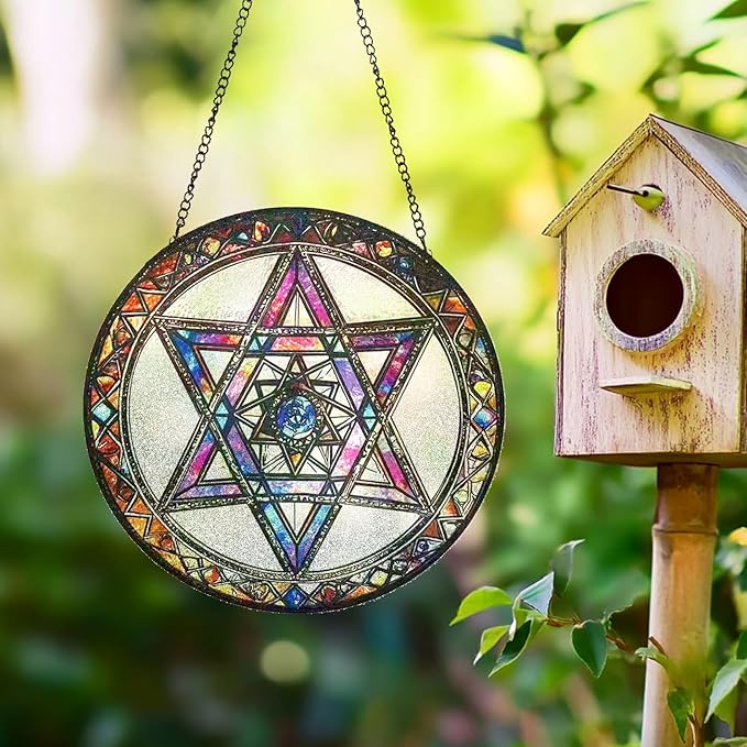 Star of David Suncatcher Stained Glass Window Hanging - 9.84inch Hand-Painted Sun Catcher Garden Hanging Decoration with Metal Chain Outdoor Garden Decor Gift for Women
