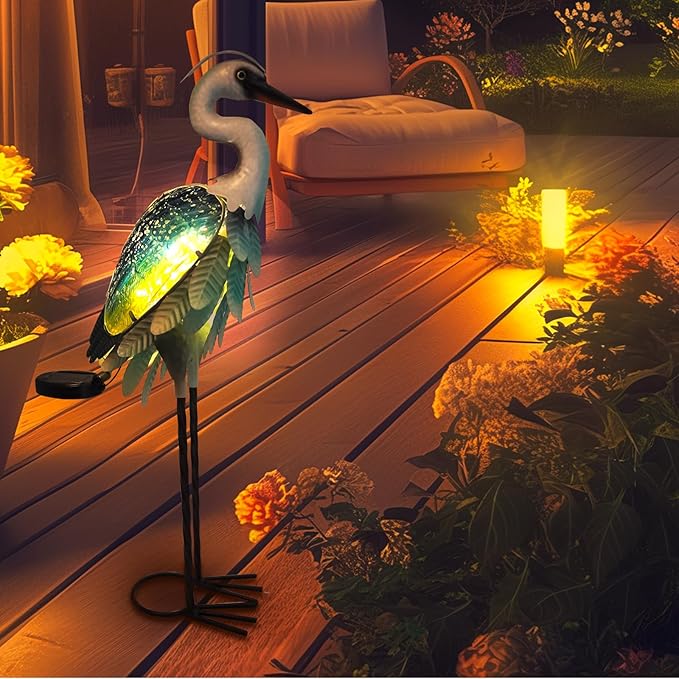 HONGLAND Solar Heron Metal Crane Statue Garden Heron Sculpture, Glass Outdoor Crane Yard Art Coastal Ocean Bird Decor 24 Inch Lawn Ornament for Backyard Porch Patio Decor(Green)
