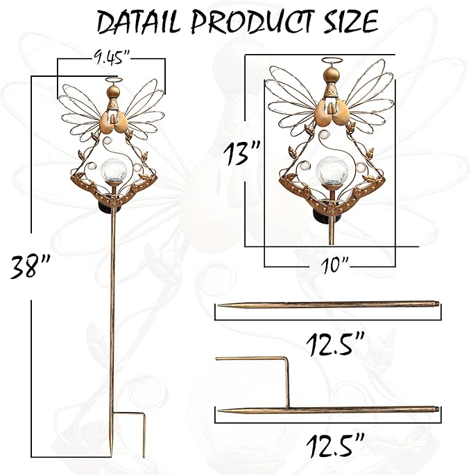 Solar Angel Outdoor Lights Garden Stake - Metal Angel Crackle Glass Ball Solar Light- Waterproof 31 White LED for Garden Lawn Patio or Courtyard Decor(Bronze)
