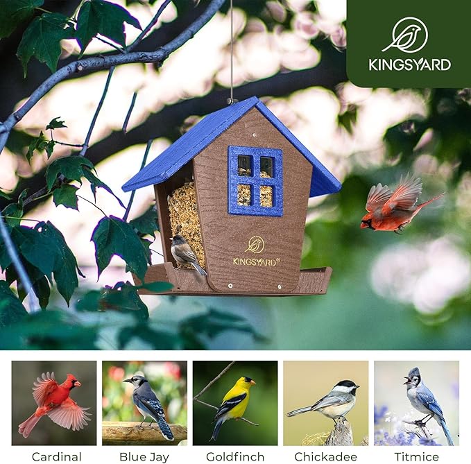 Kingsyard Large Bird Feeder House for Outdoors Hanging, Recycled Plastic Cardinal Bird Feeder with Weatherproof Roof & Seed Tray for Finch Bluebird, Large Capacity 4 lbs, Garden Yard Outside Decor