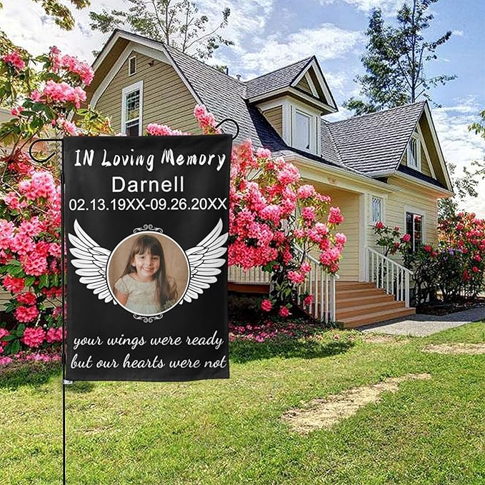 Custom Memorial Flag Personalized Garden Flag for Cemetery in Loving Memory with Photo Name Date Memory Garden Flags For Loss of Loved One Lawn Outdoor Double Sided Yard Flags (Memorial Funeral Flags 2, 12x18(in))