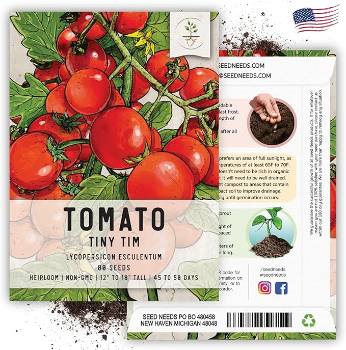 Seed Needs Tiny Tim Tomato Seeds for Planting - Non-GMO, Heirloom & Untreated - Organically Grow an Outdoor Vegetable Garden - Dwarf Plants Produce Cherry Tomatoes (5 Packs)