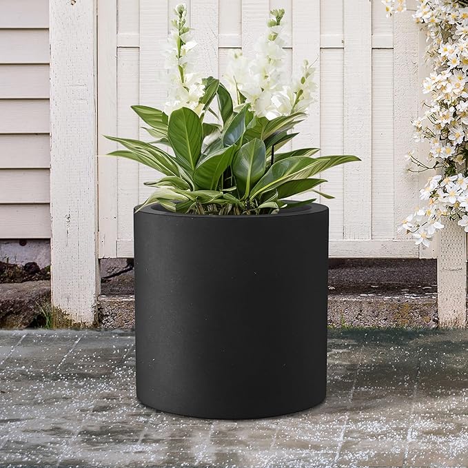 Kante 15.7" Dia Round Concrete Planter, Modern Style Large Cylindrical Plant Pot with Drainage Hole and Rubber Plug for Indoor Outdoor Patio, Black