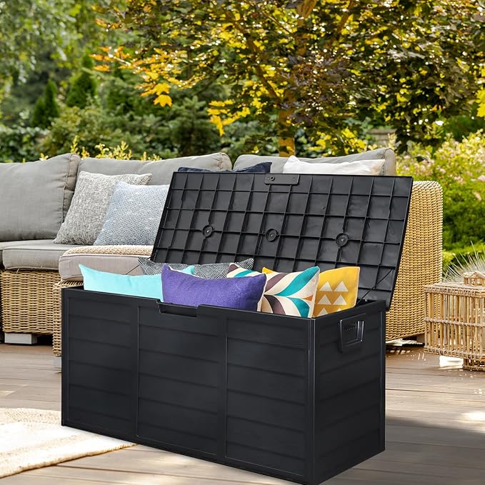 75 Gallon Resin Deck Box, Waterproof Outdoor Storage Box with Wheels, Lockable Lid and Handles, Large Deck Storage for Outdoor Gear, Patio Furniture Cushion, Gardening Tools, Jet Black