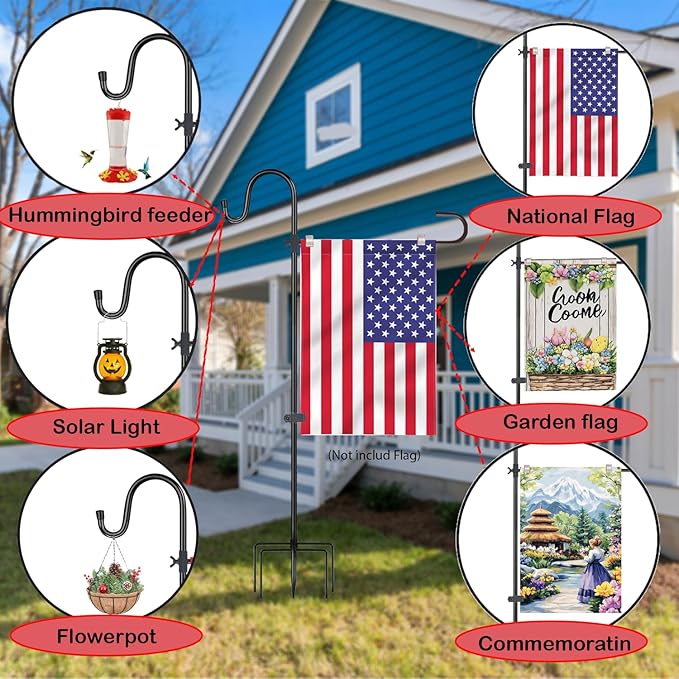 Garden Flagpole Stand with Shepherd'S Hook, for Garden Flag Stand 12x18 Flag | 1/2 Inch Thick 62 Inch High, Perfect for Garden Flag Holders for Outside (Solar Lights & Flags Not included)