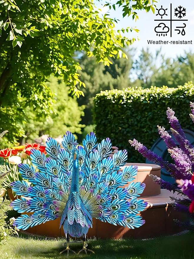 YEAHOME Garden Decor Outdoor Statues, 22.4" Large Metal Peacock Standing Yard Art, Blue Green Bird Lawn Sculptures Garden Decor for Outside Patio Porch Backyard