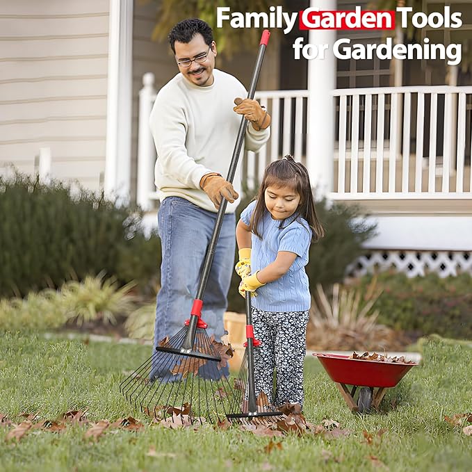 Rake for Leaves, Adjustable Garden Leaf Rakes for Lawns Heavy Duty, Metal Rake with 18 Clog-Free Tines, 9”-17” Collapsible Rake Head, 6 ft Long Handle, Yard Tools for Gardening Camping Fast Cleanup