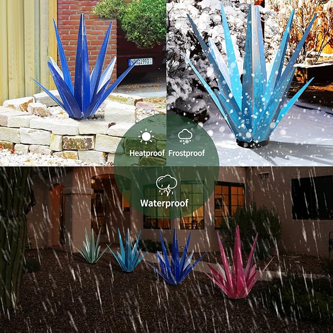 Large Tequila Rustic Sculpture, Rustic Metal Agave Plants for Outdoor Patio Yard, Home Decor Hand Painted Metal Agave Garden Yard Statue, Outdoor Lawn Ornaments Yard Stakes (Sky Blue - M)
