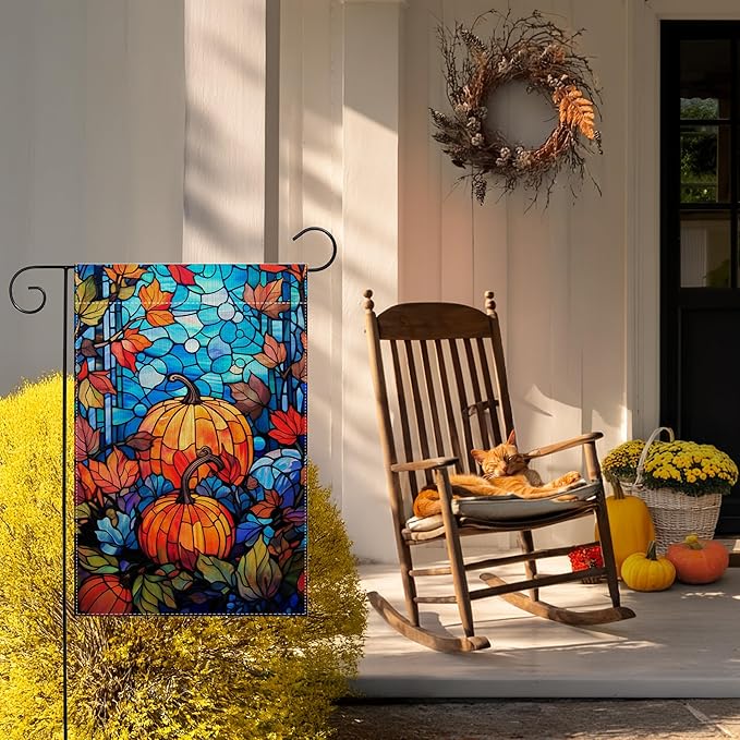 Garden Flags, Garden Flag, Stained Glass Style Pumpkin Maple Leaf Double-Sided Flags for Farmhouse Yard Outdoor Decoration-12 x 18inch (Pumpkin)