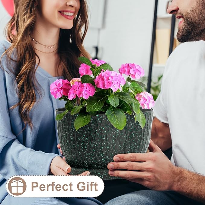 12 Inch Wide Water Ripples Flower Pots for Indoor or Outdoor Plants, Large Plant Pots with Drainage Holes & Saucer, Plastic Planters Set for Garden & Home Decor (Black with Green Speckles)