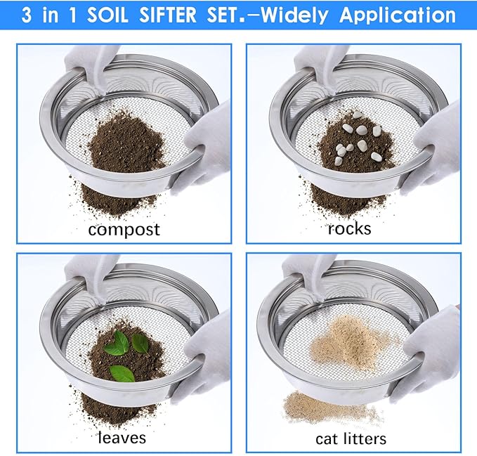 Soil Sieve Sifter Set Stainless Steel,Garden Sieve Set with 3 Interchangeable Mesh 3,6,9mm,Sifting Screen for Dirt, Sand, Rock, Filtration, Compost, with Soil Scoops Gardening Tool