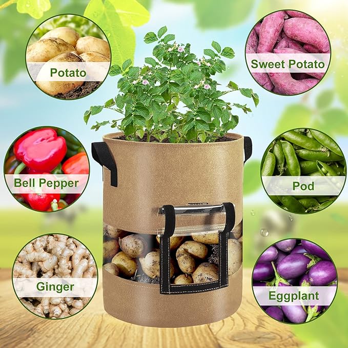 Visible Potato Grow Bags 10 Gallon with Flap 3-Pack,Potatoes Growing Containers with Handles&Visible Space, Heavy Duty Thickened Aeration Nonwoven Fabric Pots,alse for Tomato Strawberry