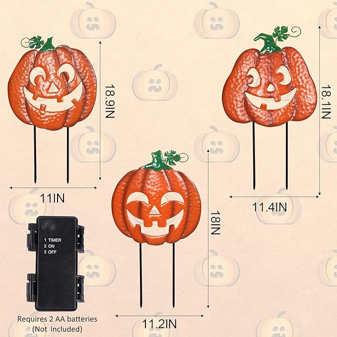 Juegoal 3 Pack Halloween Lighted Pumpkin Garden Stakes, Metal Jack-o-Lantern Light Up Outdoor Decor, Halloween Yard Signs with Battery Powered & Timer, Decorative Pumpkins Figurine for Lawn Pathway