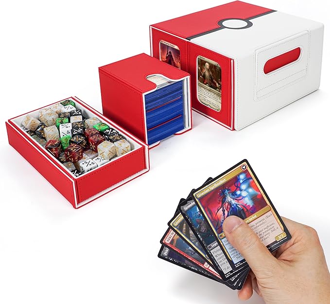 AFIING Commander Deck Box for MTG/EDH, Fits 400+ Double-Sleeved Cards, with Display Window, 4 Removable Deck Cases, Dividers, Dice Tray & Handle, Card Holders for TCG (White Red)