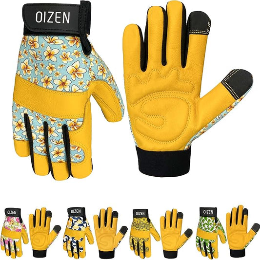 Cowhide Leather Thorn Proof & Puncture Resistant Gardening Gloves for Women and Men, Touchscreen Compatible Working Gloves for Weeding, Digging, Planting, Gardening Gifts for Women (Size Medium)