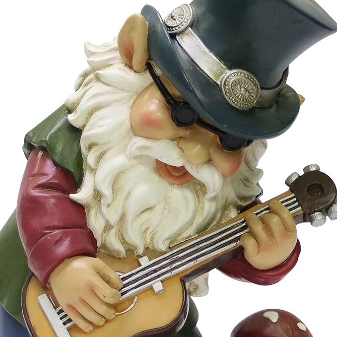 Nature's Mark Rock n Roll Gnome in a Band Playing Guitar Resin Statue Figurine Home Garden Decorative Accent Décor (9" H)
